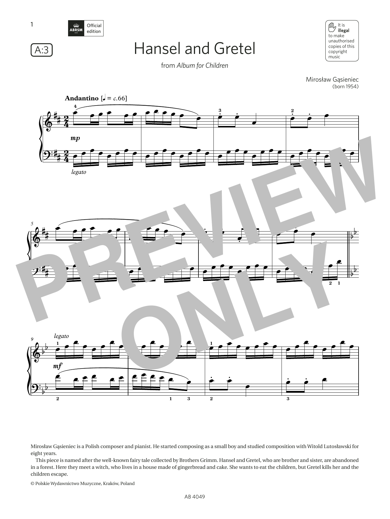 Mirosław Gąsieniec Hansel and Gretel (Grade 3, list A3, from the ABRSM Piano Syllabus 2023 & 2024) sheet music notes and chords arranged for Piano Solo