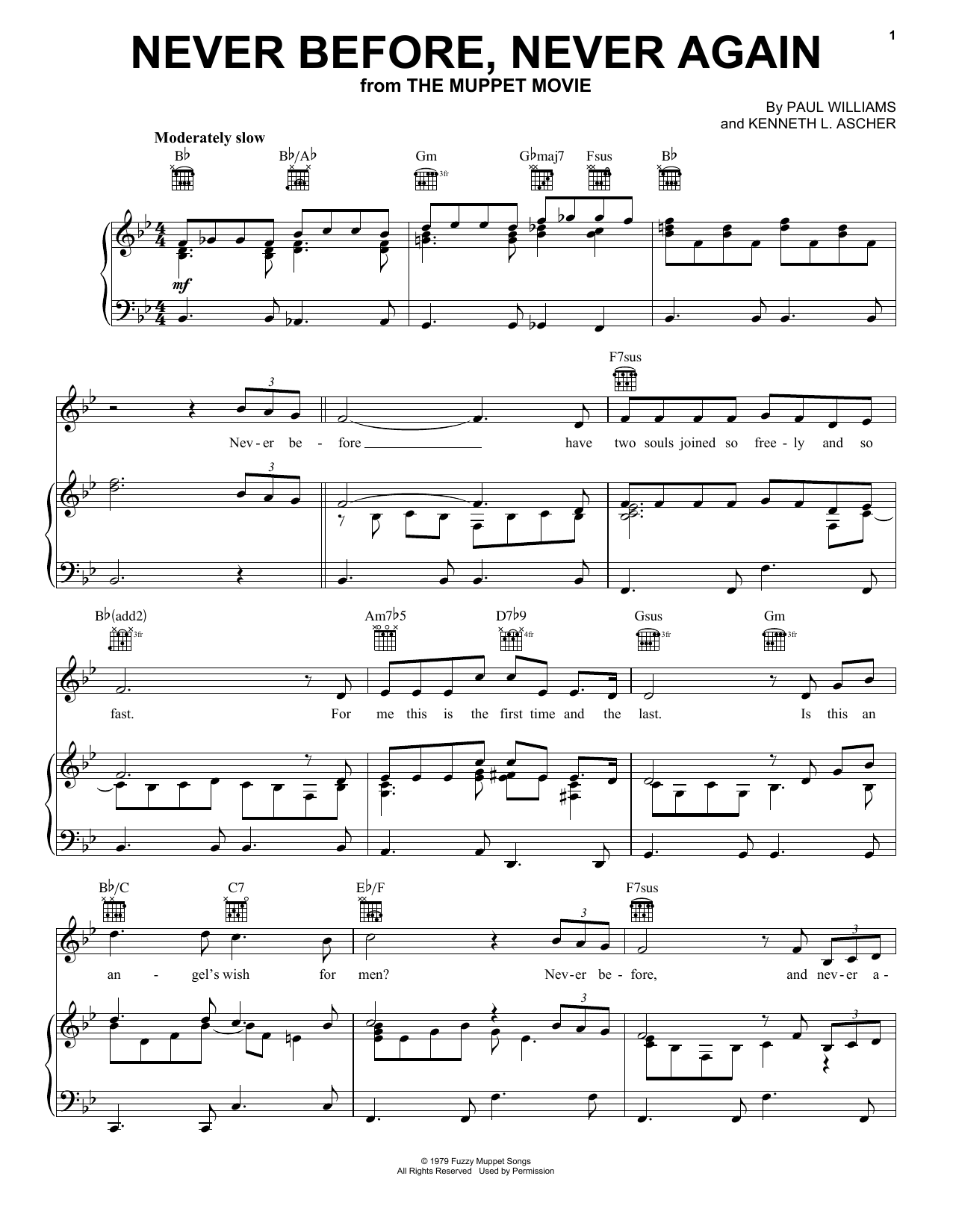 Miss Piggy Never Before, Never Again (from The Muppet Movie) sheet music notes and chords arranged for Piano, Vocal & Guitar Chords (Right-Hand Melody)