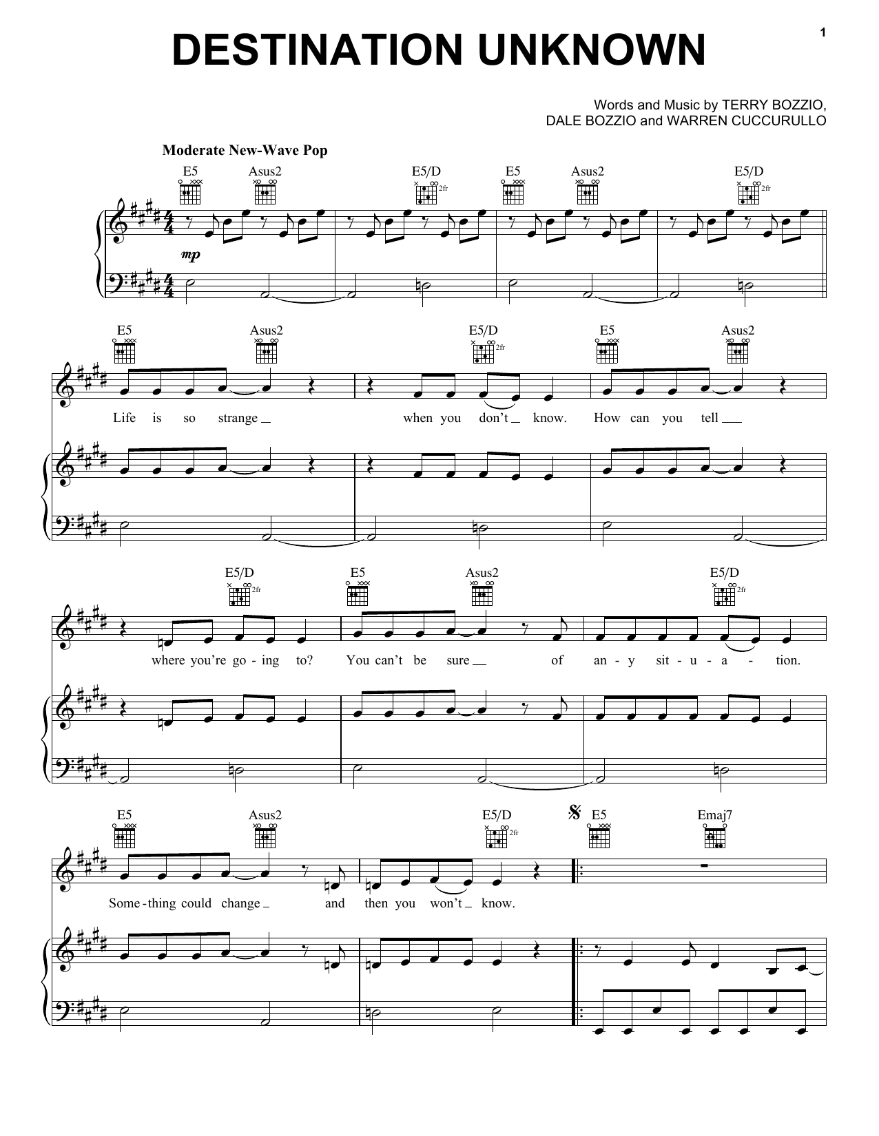 Missing Persons Destination Unknown sheet music notes and chords arranged for Piano, Vocal & Guitar Chords (Right-Hand Melody)