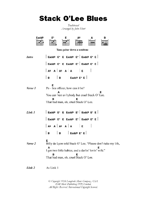 Mississippi John Hurt Stack O' Lee Blues sheet music notes and chords arranged for Guitar Chords/Lyrics