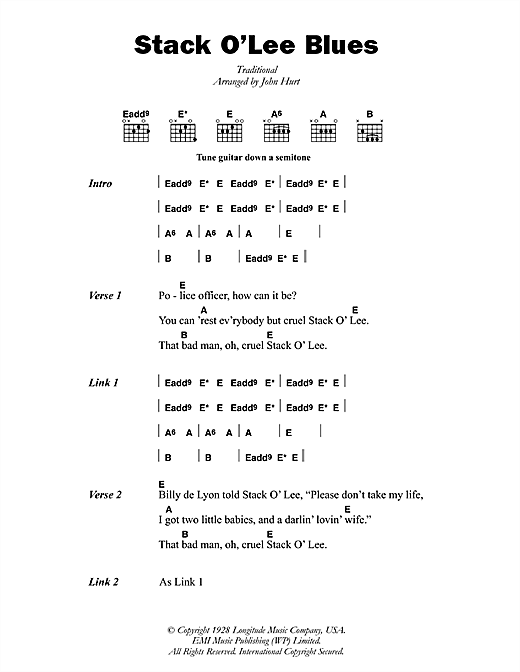 Mississippi John Hurt Stack O' Lee Blues sheet music notes and chords arranged for Guitar Chords/Lyrics