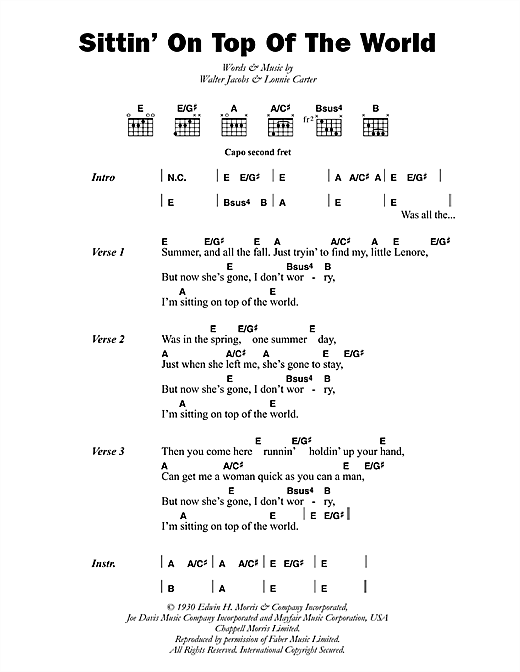Mississippi Sheiks Sittin' On Top Of The World sheet music notes and chords arranged for Guitar Chords/Lyrics