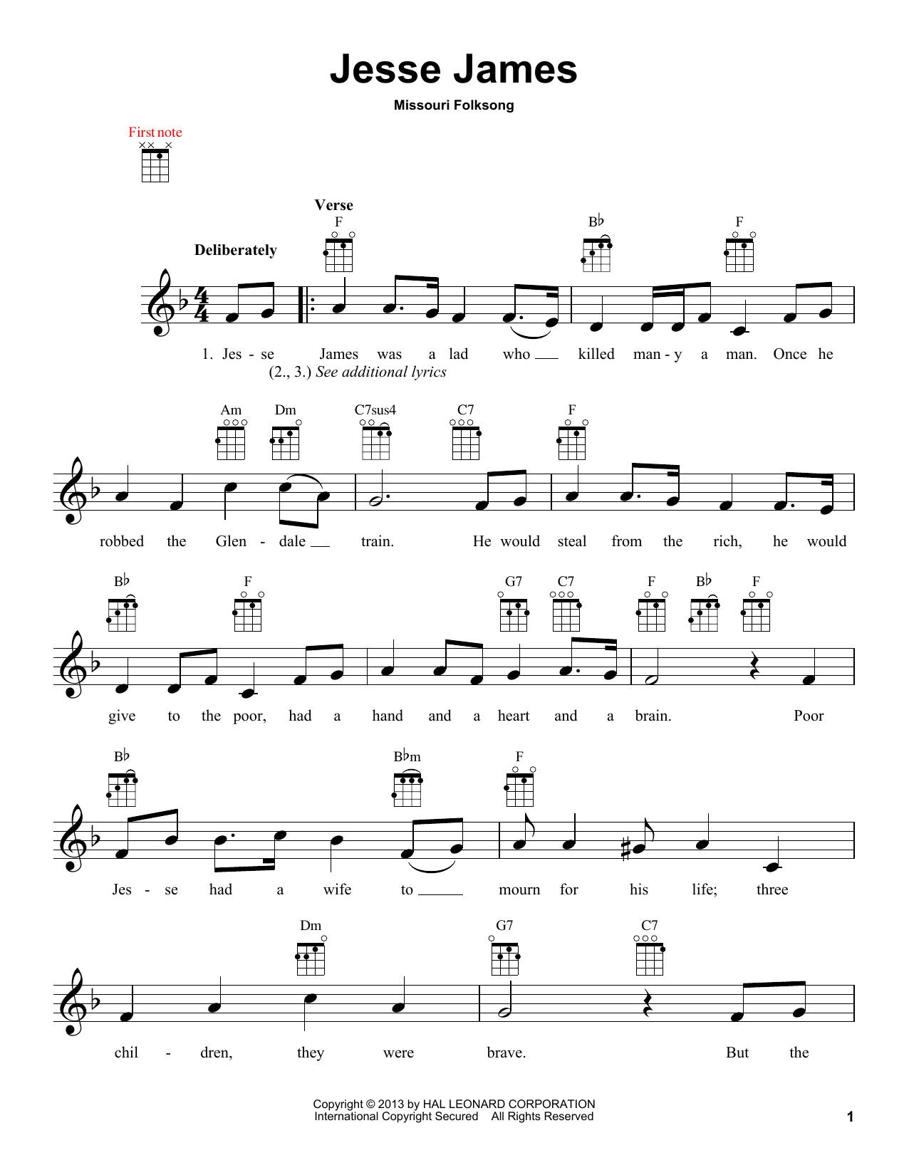 Missouri Folksong Jesse James sheet music notes and chords arranged for Ukulele