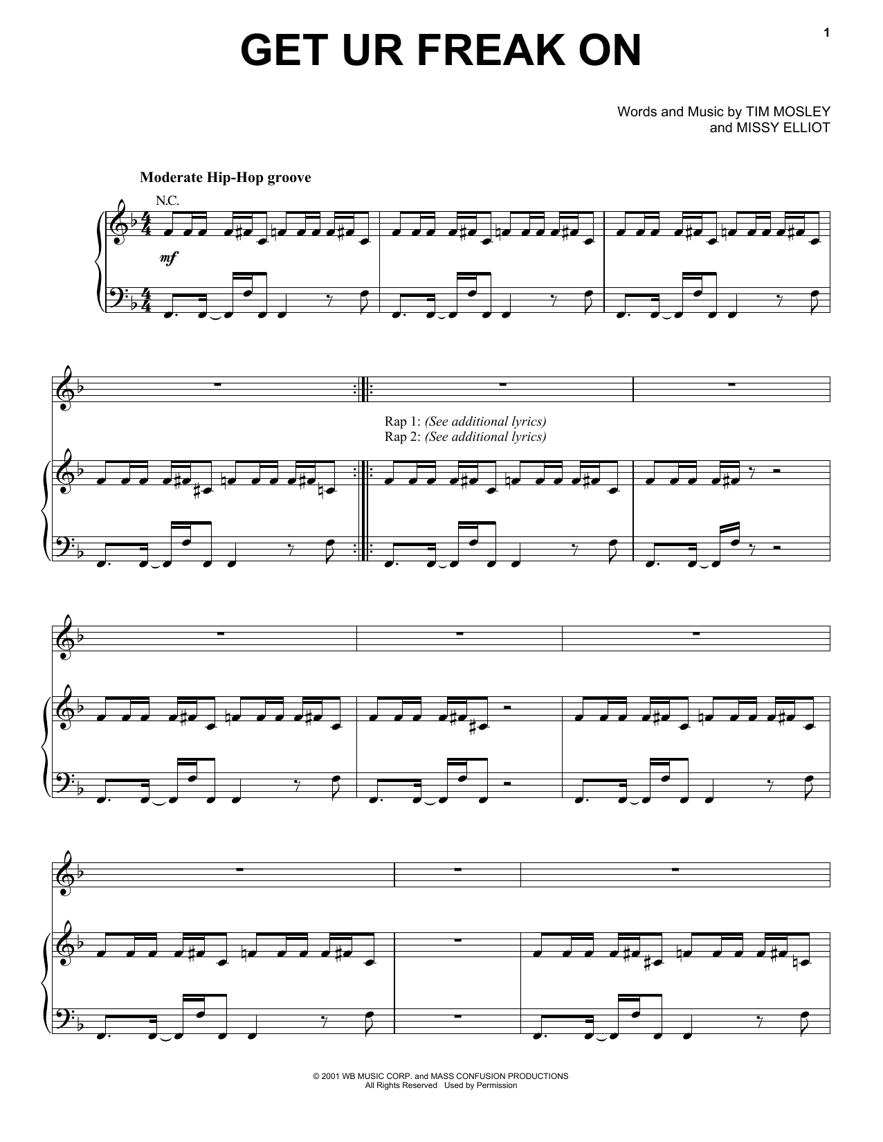 Missy Elliot Get Ur Freak On sheet music notes and chords arranged for Piano, Vocal & Guitar Chords (Right-Hand Melody)