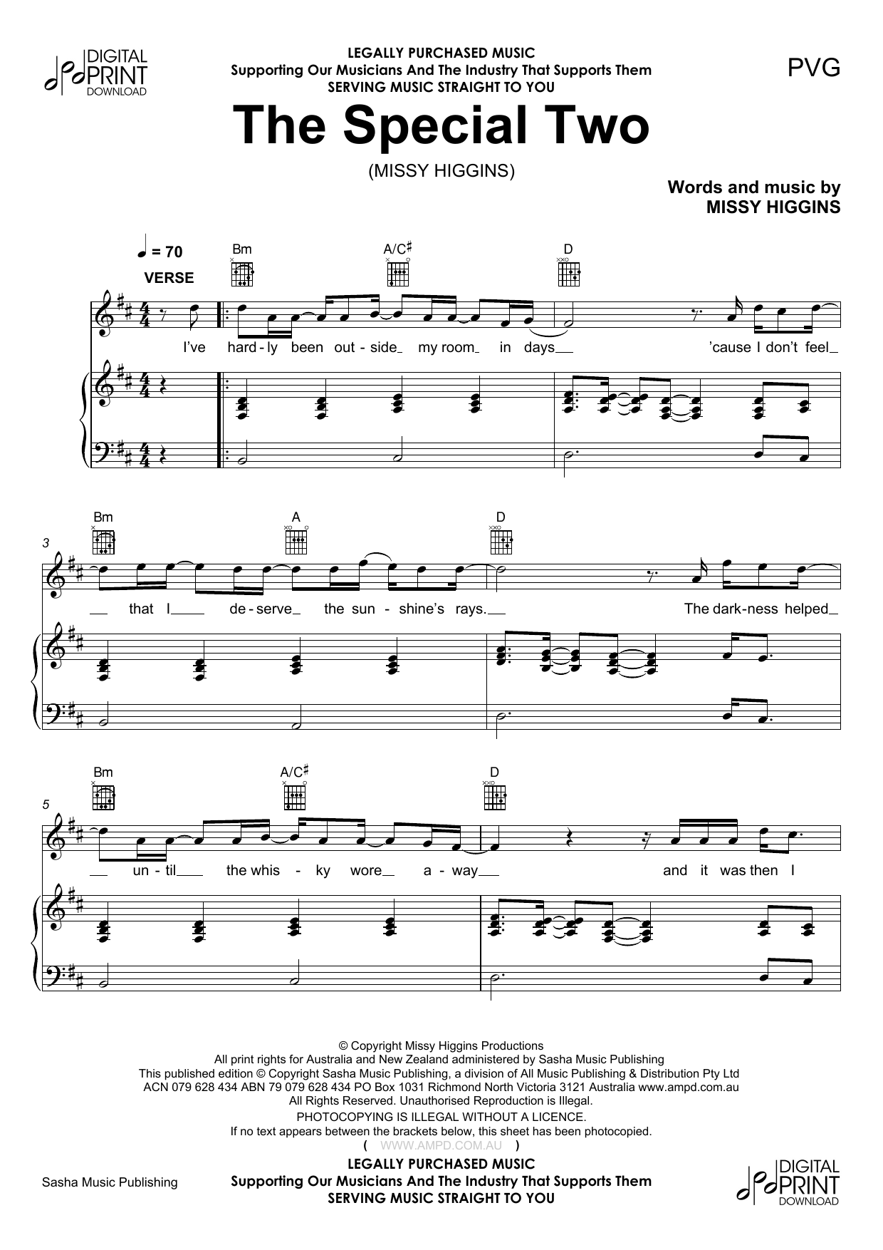 Missy Higgins Special Two sheet music notes and chords arranged for Piano, Vocal & Guitar Chords (Right-Hand Melody)