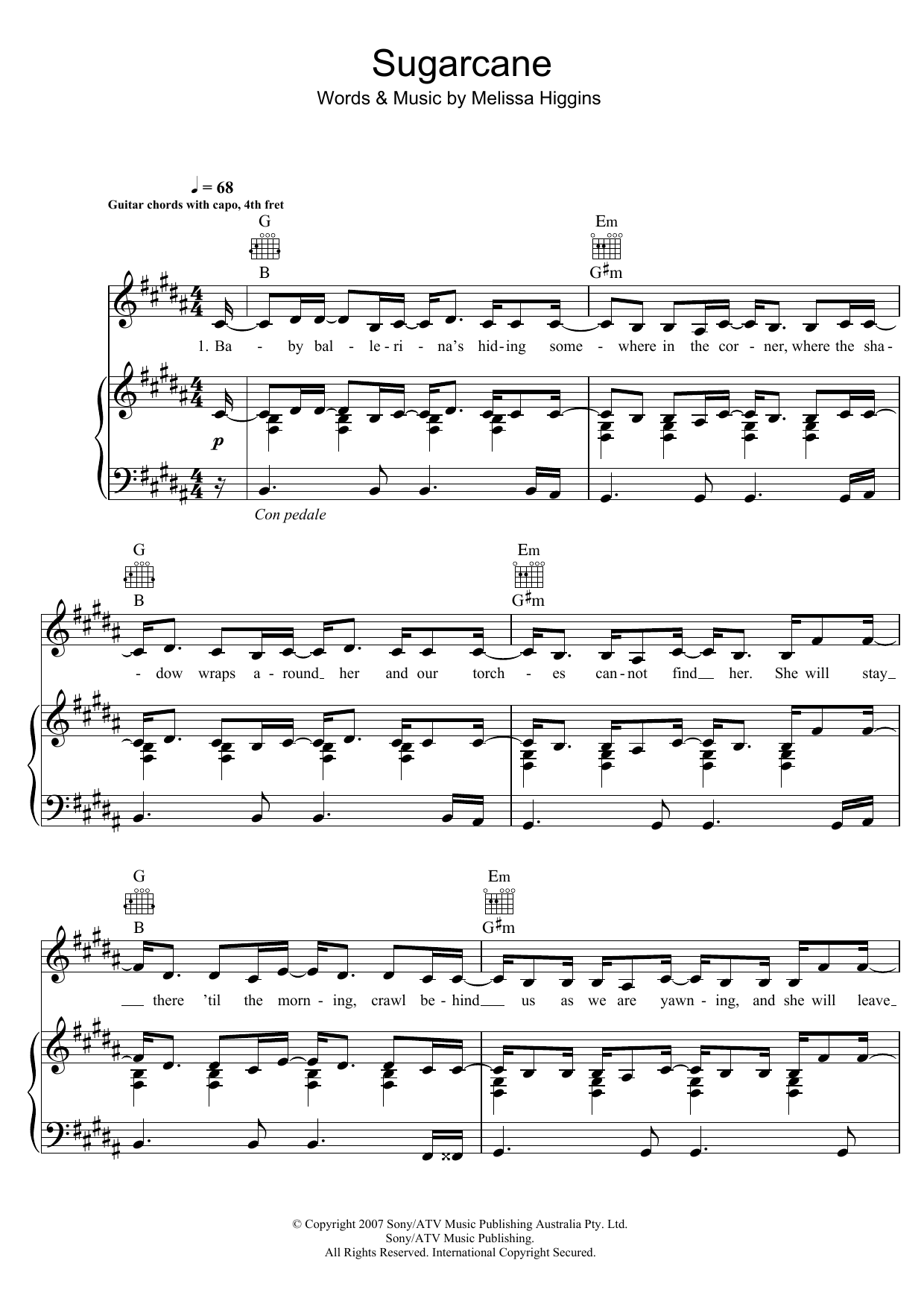 Missy Higgins Sugarcane sheet music notes and chords arranged for Piano, Vocal & Guitar Chords