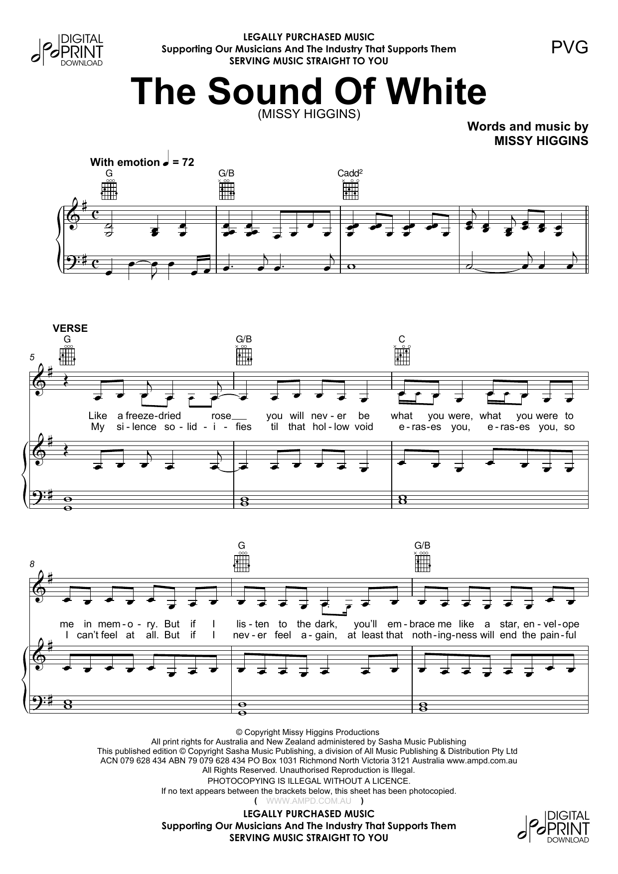 Missy Higgins The Sound Of White sheet music notes and chords arranged for Piano, Vocal & Guitar Chords (Right-Hand Melody)
