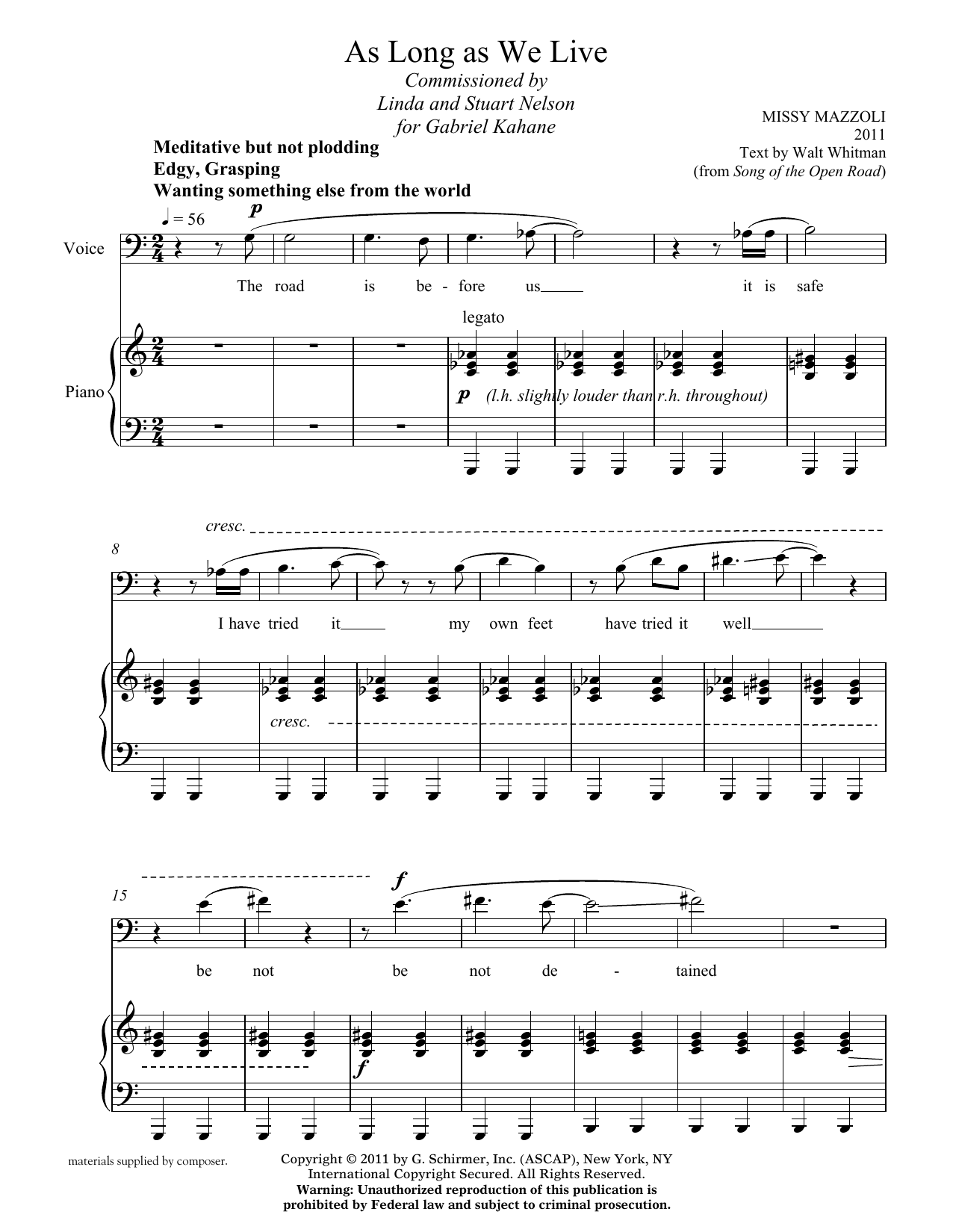 Missy Mazzoli As Long As We Live (baritone and piano) sheet music notes and chords arranged for Piano & Vocal