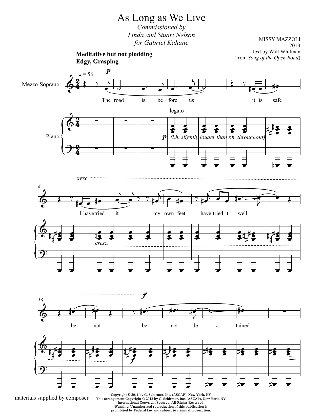 Missy Mazzoli As Long As We Live (mezzo-soprano and piano) sheet music notes and chords arranged for Piano & Vocal