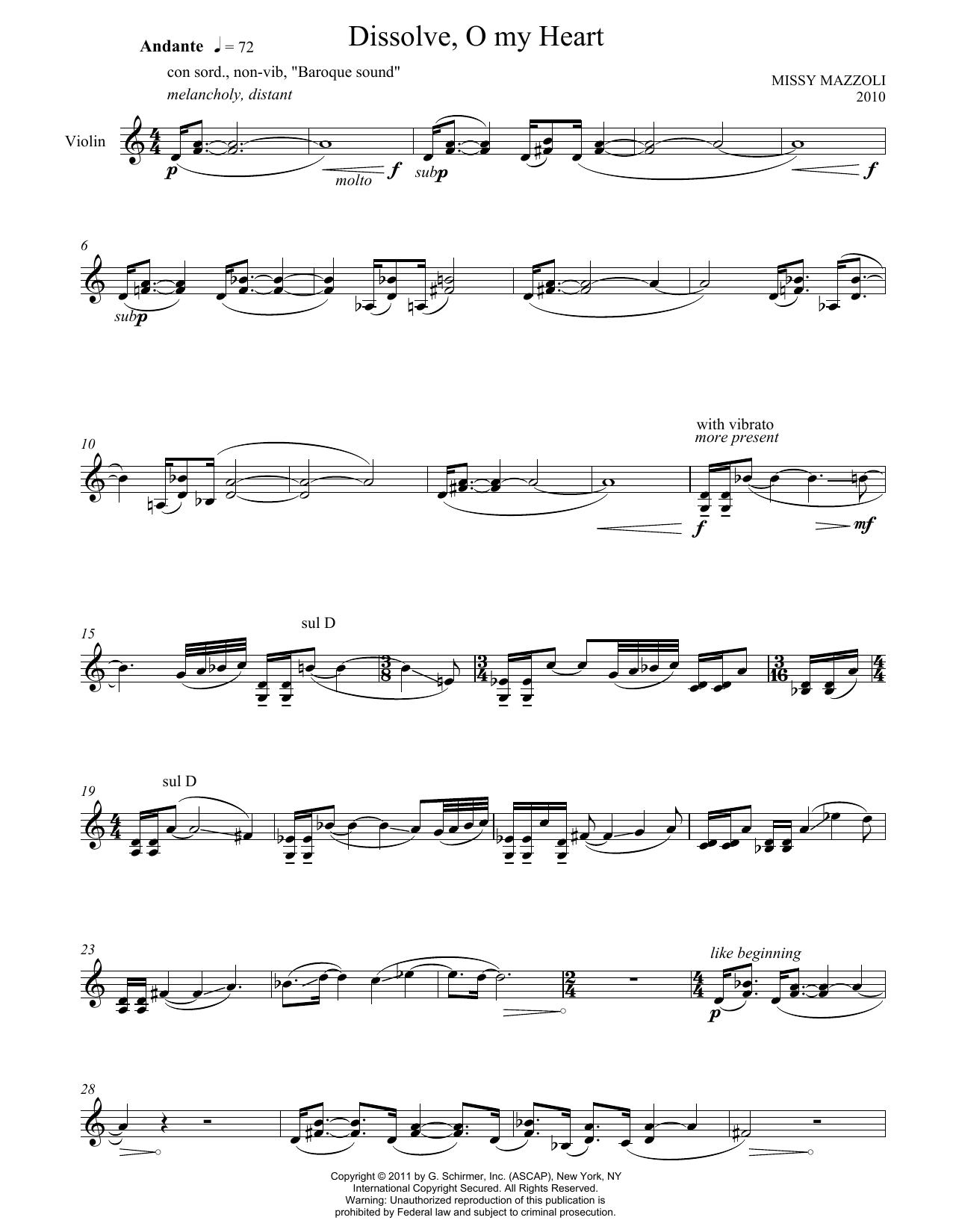 Missy Mazzoli Dissolve, O My Heart sheet music notes and chords arranged for Violin Solo