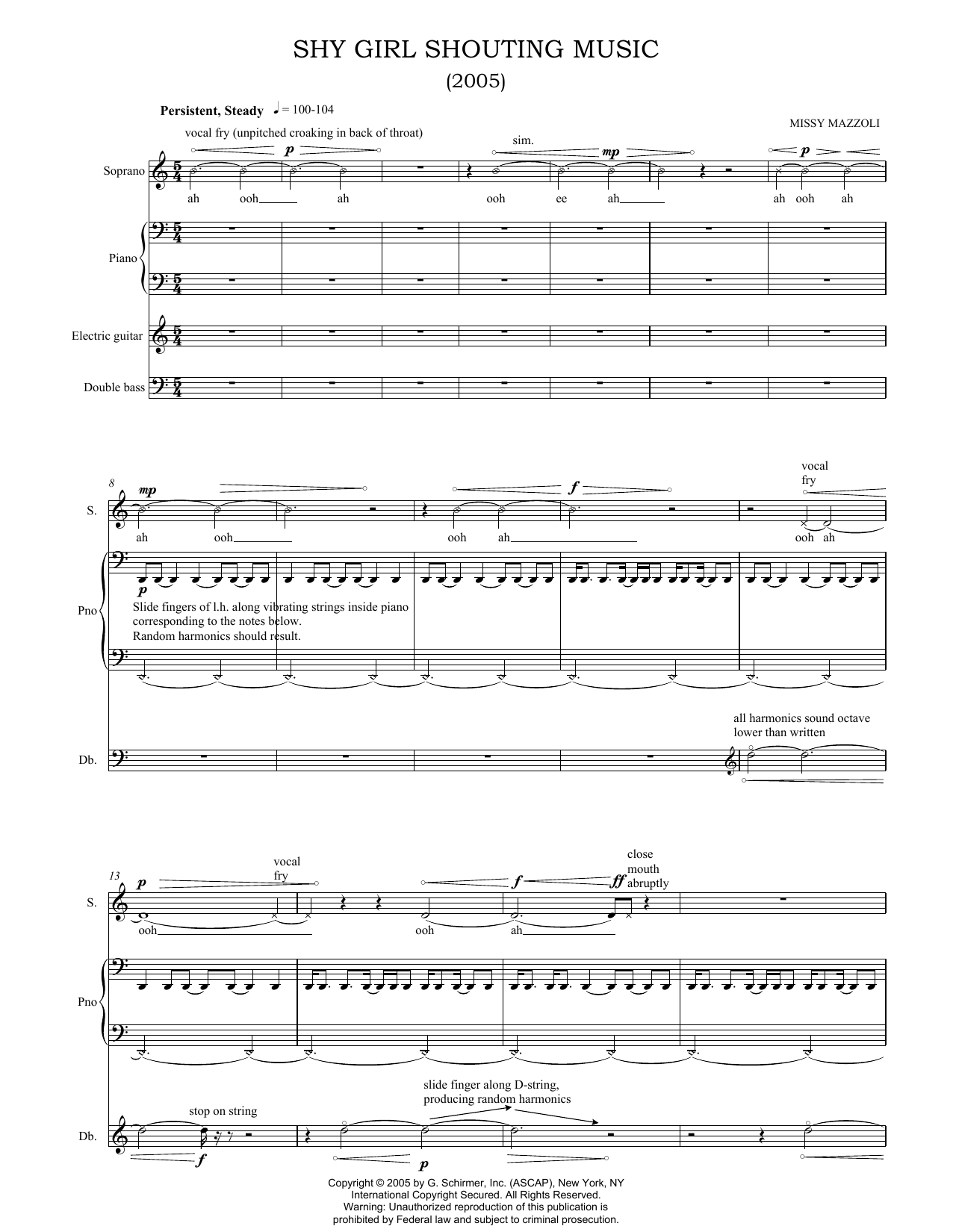Missy Mazzoli Shy Girl Shouting Music sheet music notes and chords arranged for Piano & Vocal