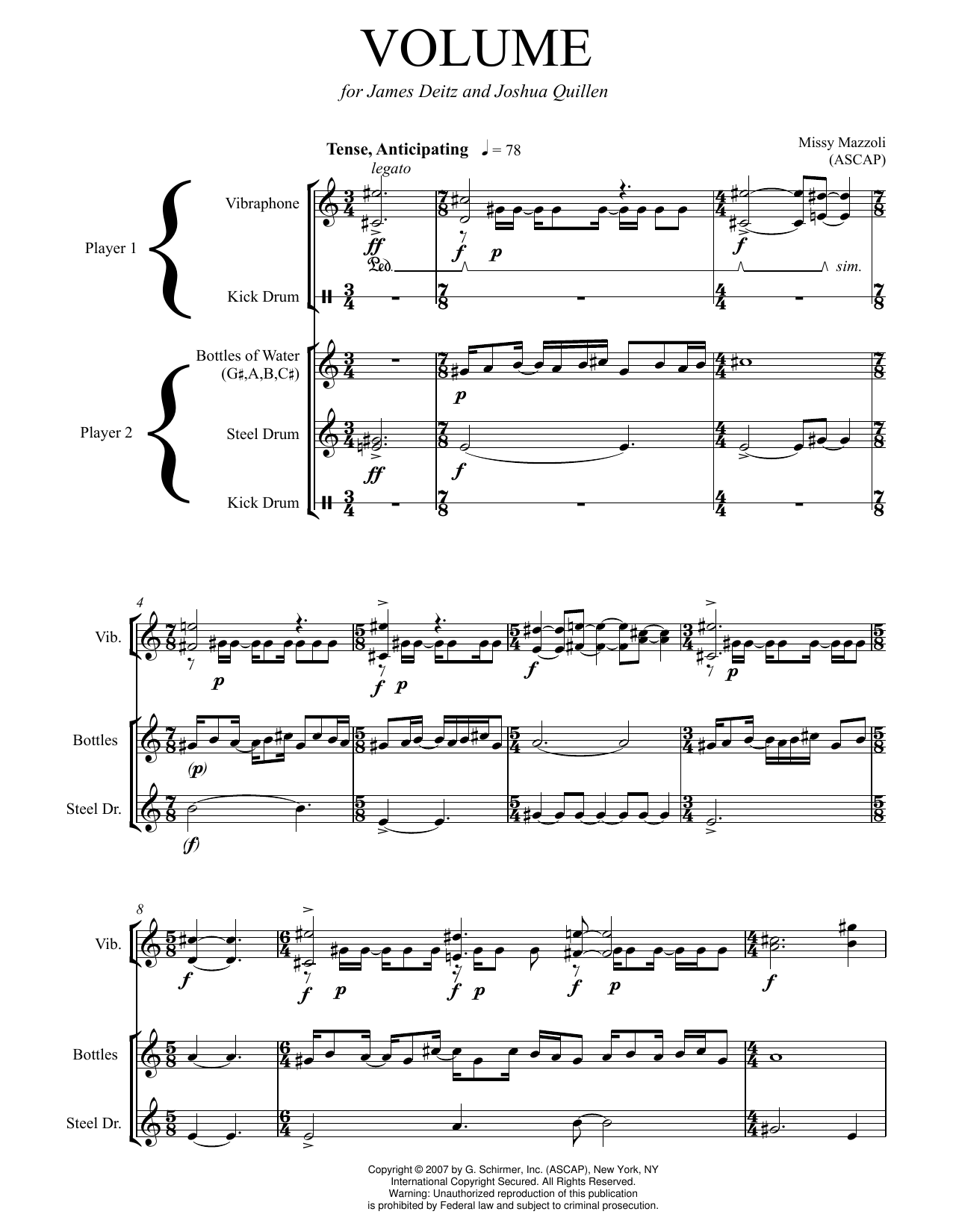 Missy Mazzoli Volume (steel drum and vibraphone version) sheet music notes and chords arranged for Performance Ensemble