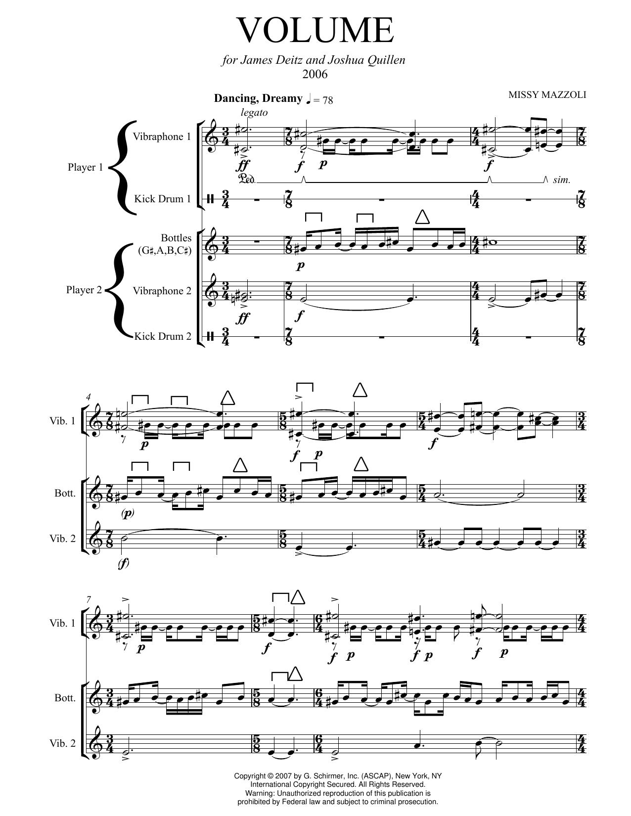 Missy Mazzoli Volume (two-vibraphone version) sheet music notes and chords arranged for Performance Ensemble