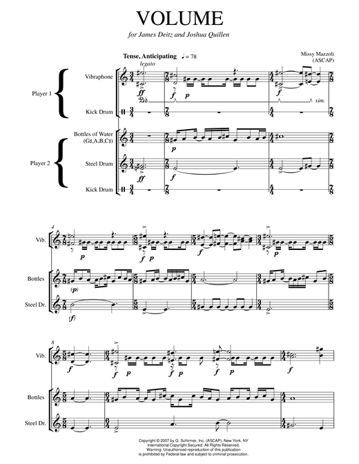 Missy Mazzoli Volume (steel drum and vibraphone version) sheet music notes and chords arranged for Chamber Group