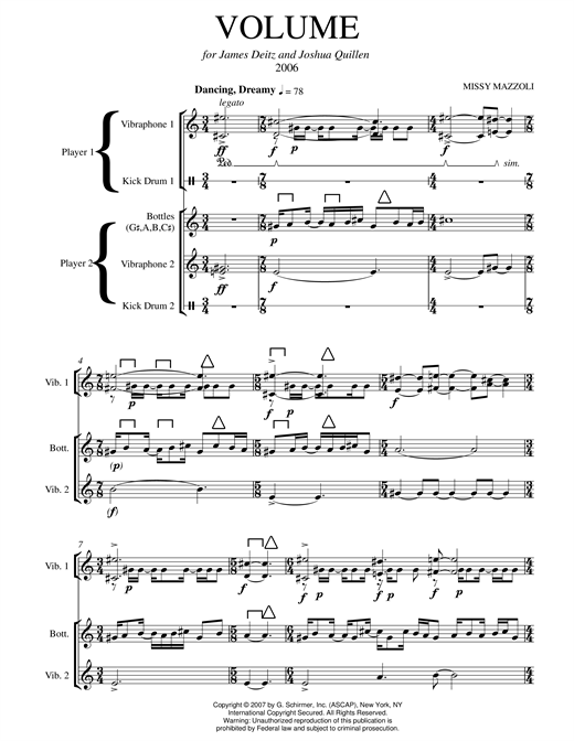Missy Mazzoli Volume (two-vibraphone version) sheet music notes and chords arranged for Chamber Group