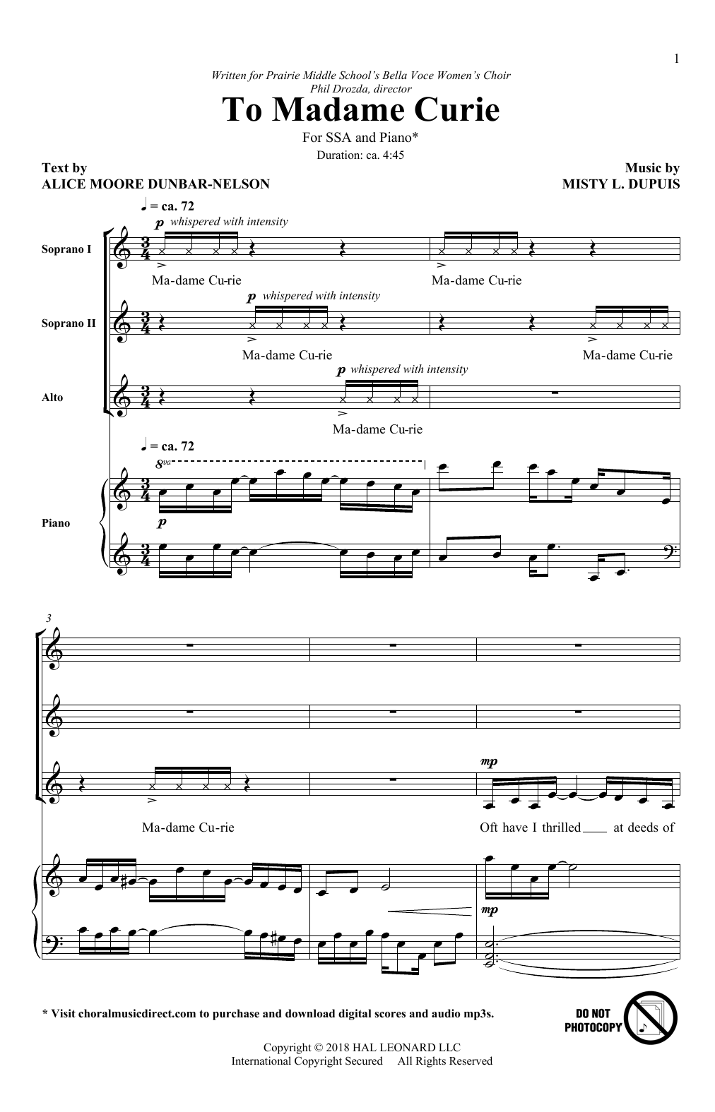 Misty L. Dupuis To Madame Curie sheet music notes and chords arranged for SSA Choir