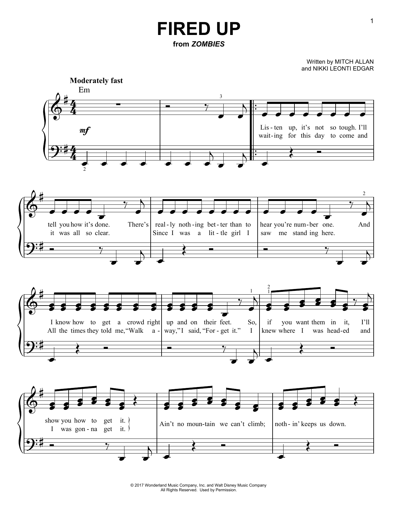 Mitch Allan Fired Up (from Disney's Zombies) sheet music notes and chords arranged for Easy Piano