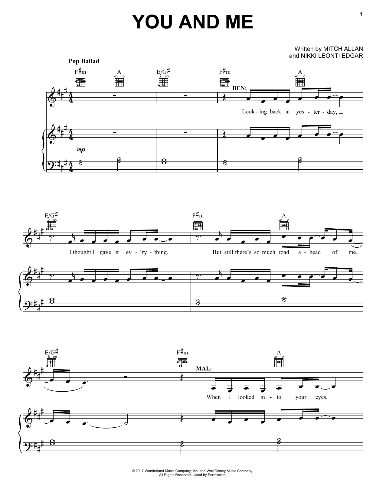 Mitch Allan You And Me (from Disney's Descendants 2) sheet music notes and chords arranged for Piano, Vocal & Guitar Chords (Right-Hand Melody)