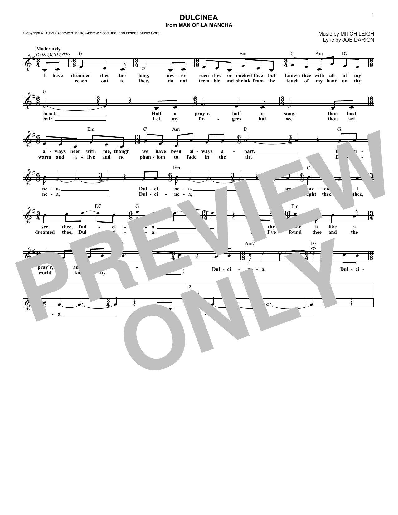 Mitch Leigh Dulcinea sheet music notes and chords arranged for Lead Sheet / Fake Book