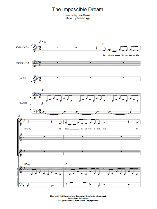 Mitch Leigh The Impossible Dream (from Man Of La Mancha) sheet music notes and chords arranged for SSA Choir