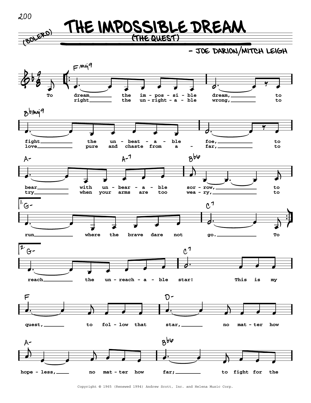 Mitch Leigh The Impossible Dream (The Quest) (Low Voice) sheet music notes and chords arranged for Real Book – Melody, Lyrics & Chords
