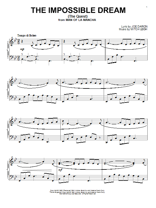 Mitch Leigh The Impossible Dream (The Quest) sheet music notes and chords arranged for Flute Solo