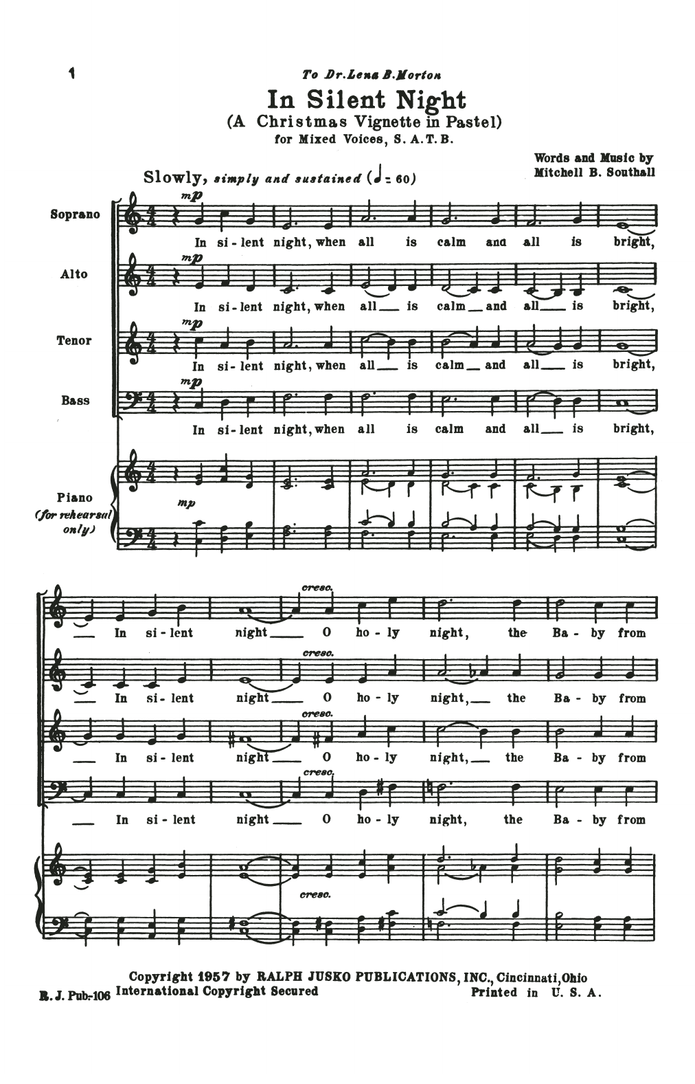 Mitchell B. Southall In Silent Night (A Christmas Vignette in Pastel) sheet music notes and chords arranged for SSA Choir