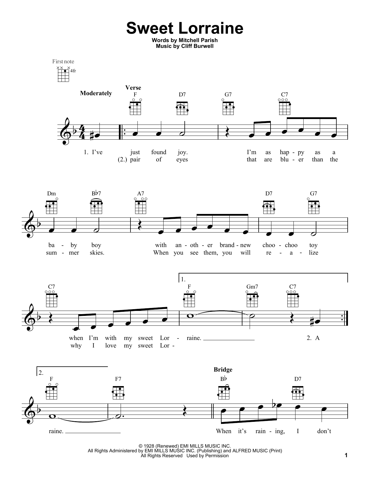 Mitchell Parish and Cliff Burwell Sweet Lorraine sheet music notes and chords arranged for Ukulele