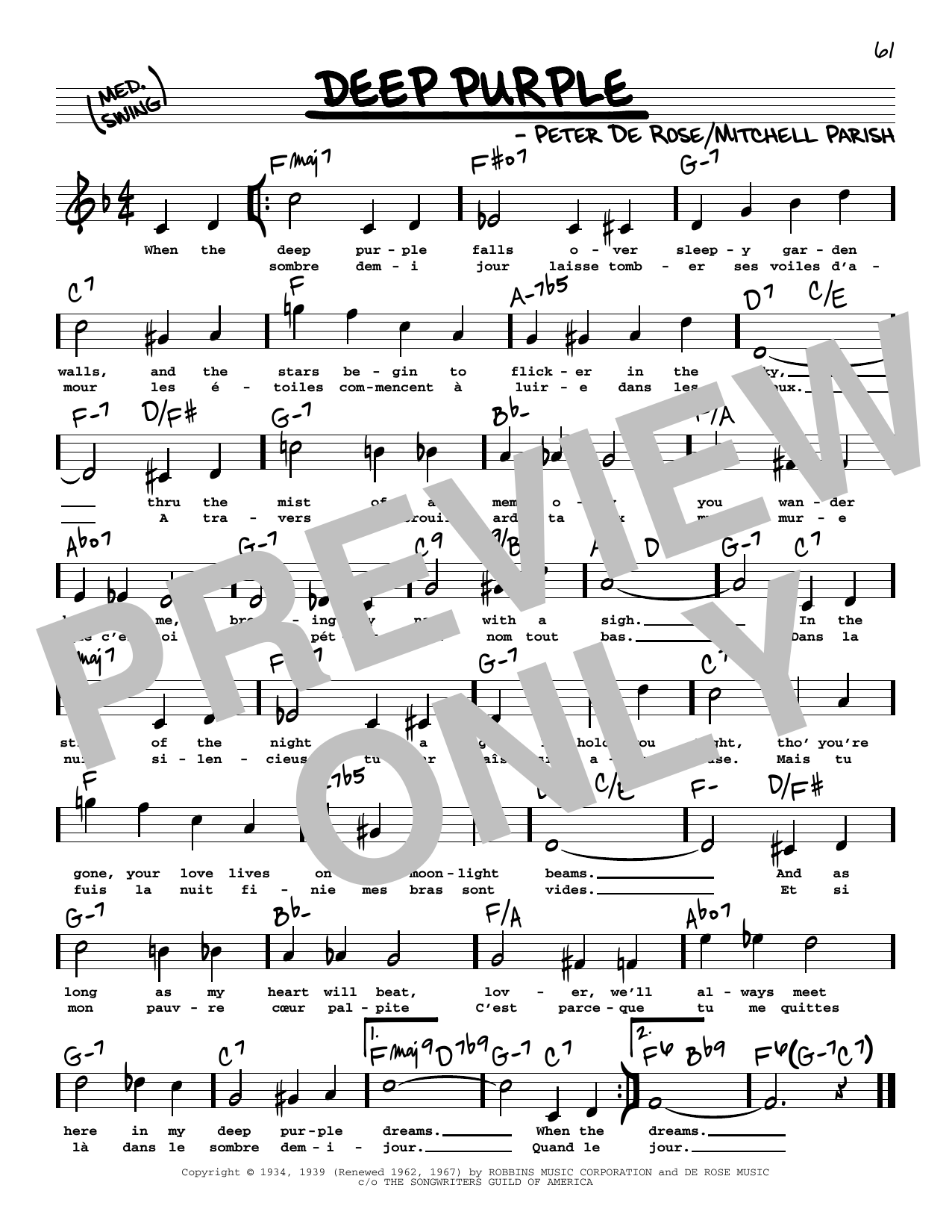 Mitchell Parish Deep Purple (High Voice) sheet music notes and chords arranged for Real Book – Melody, Lyrics & Chords