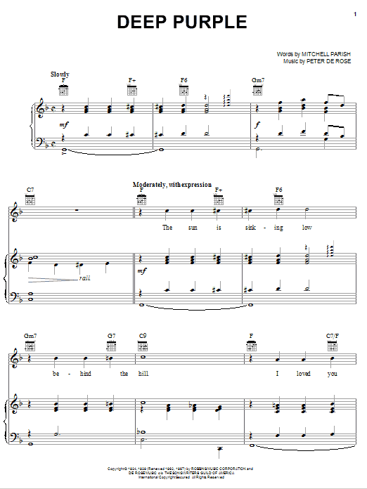 Mitchell Parish Deep Purple sheet music notes and chords arranged for Piano, Vocal & Guitar Chords (Right-Hand Melody)
