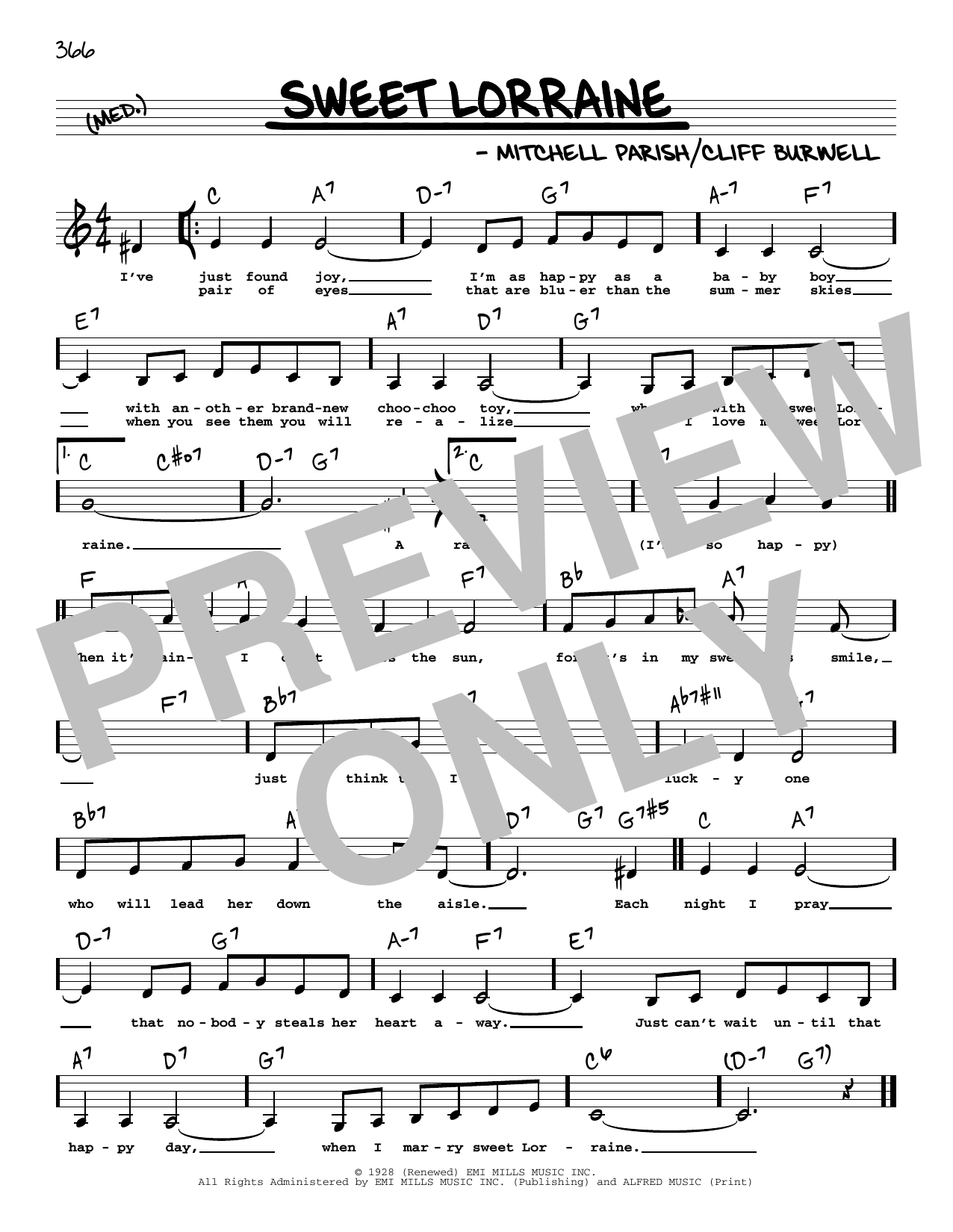 Mitchell Parish Sweet Lorraine (Low Voice) sheet music notes and chords arranged for Real Book – Melody, Lyrics & Chords