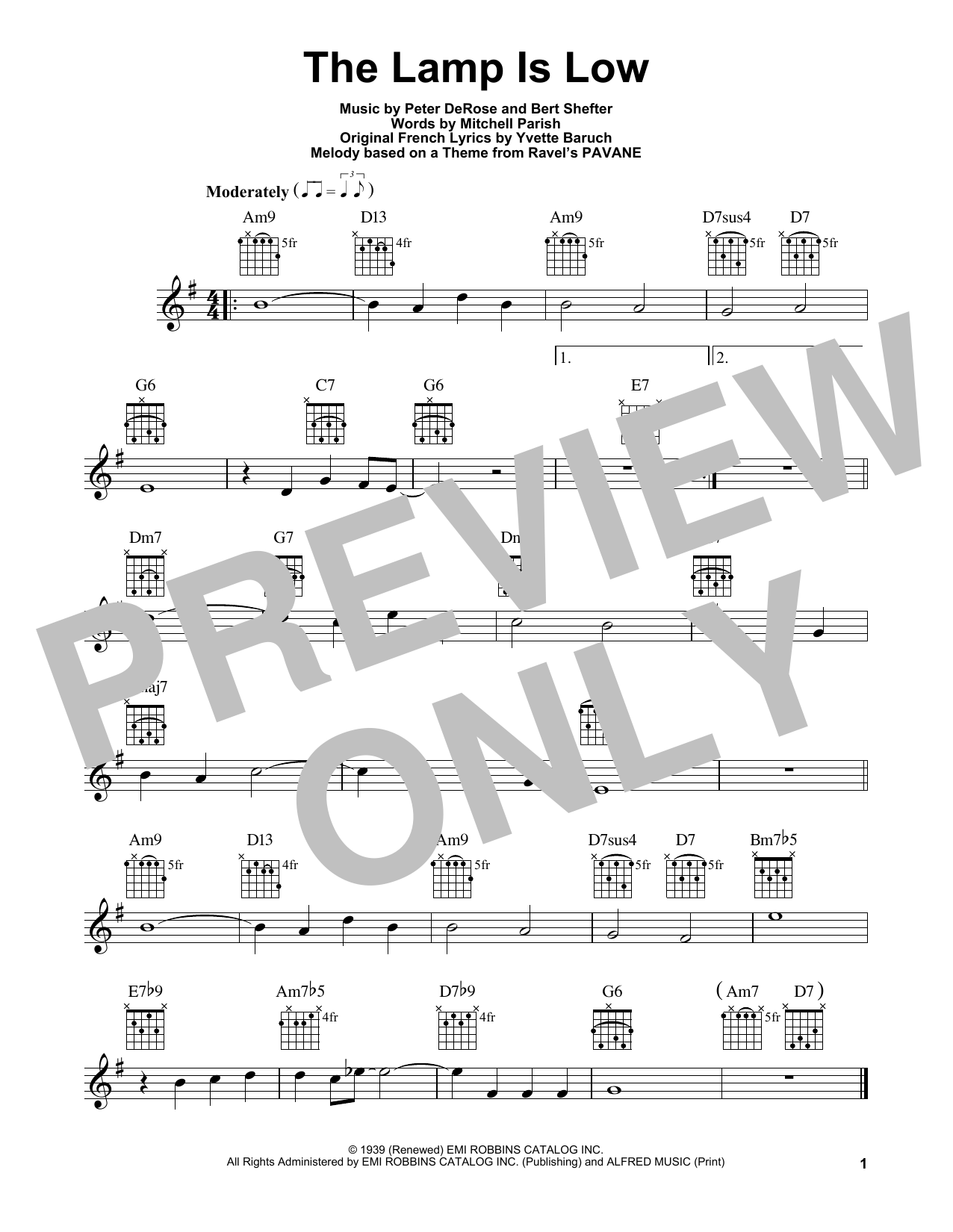 Mitchell Parish The Lamp Is Low sheet music notes and chords arranged for Easy Guitar