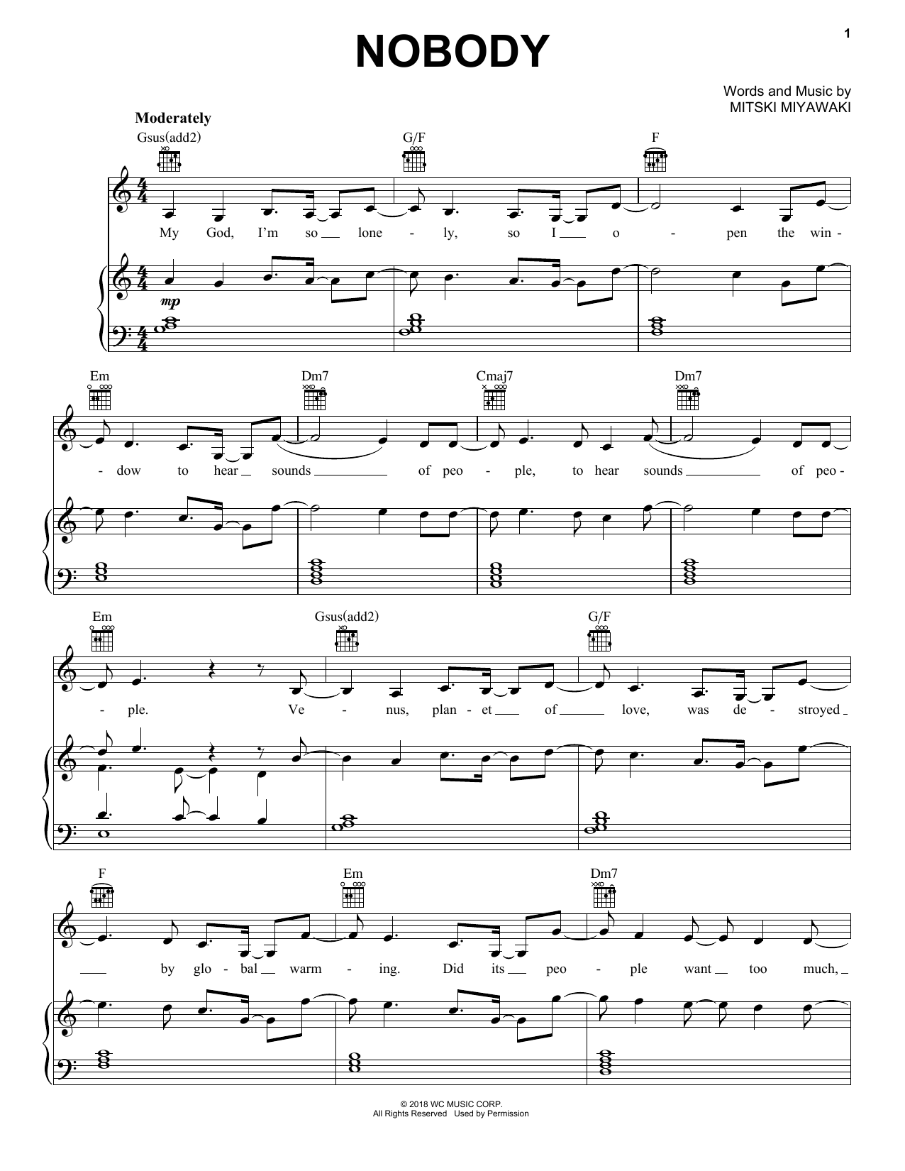 Mitski Nobody sheet music notes and chords arranged for Piano, Vocal & Guitar Chords (Right-Hand Melody)