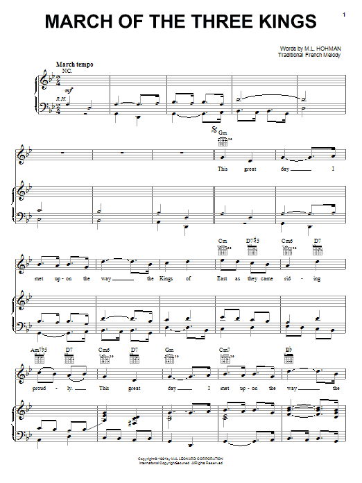 M.L. Hohman March Of The Three Kings sheet music notes and chords arranged for Piano, Vocal & Guitar Chords (Right-Hand Melody)