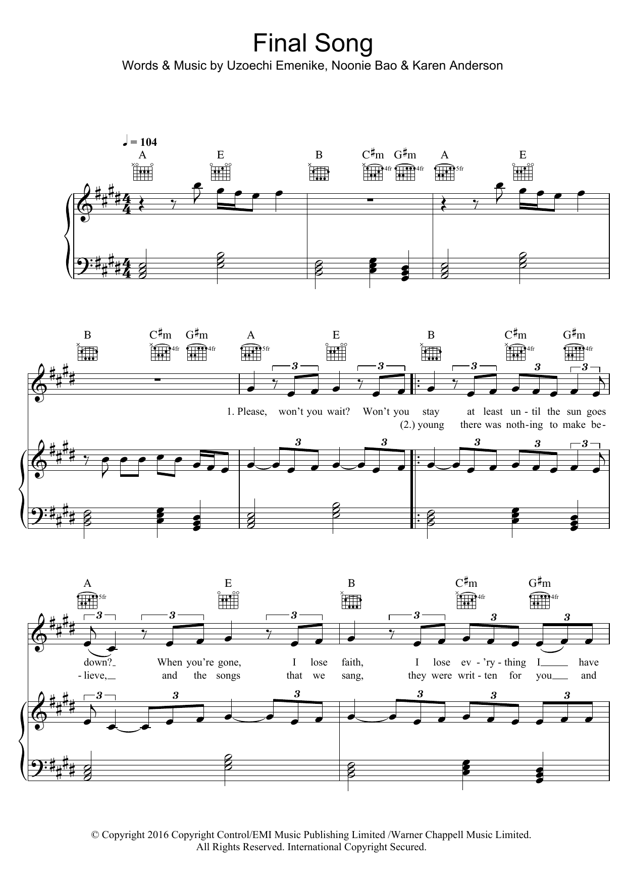 MO Final Song sheet music notes and chords arranged for Piano, Vocal & Guitar Chords
