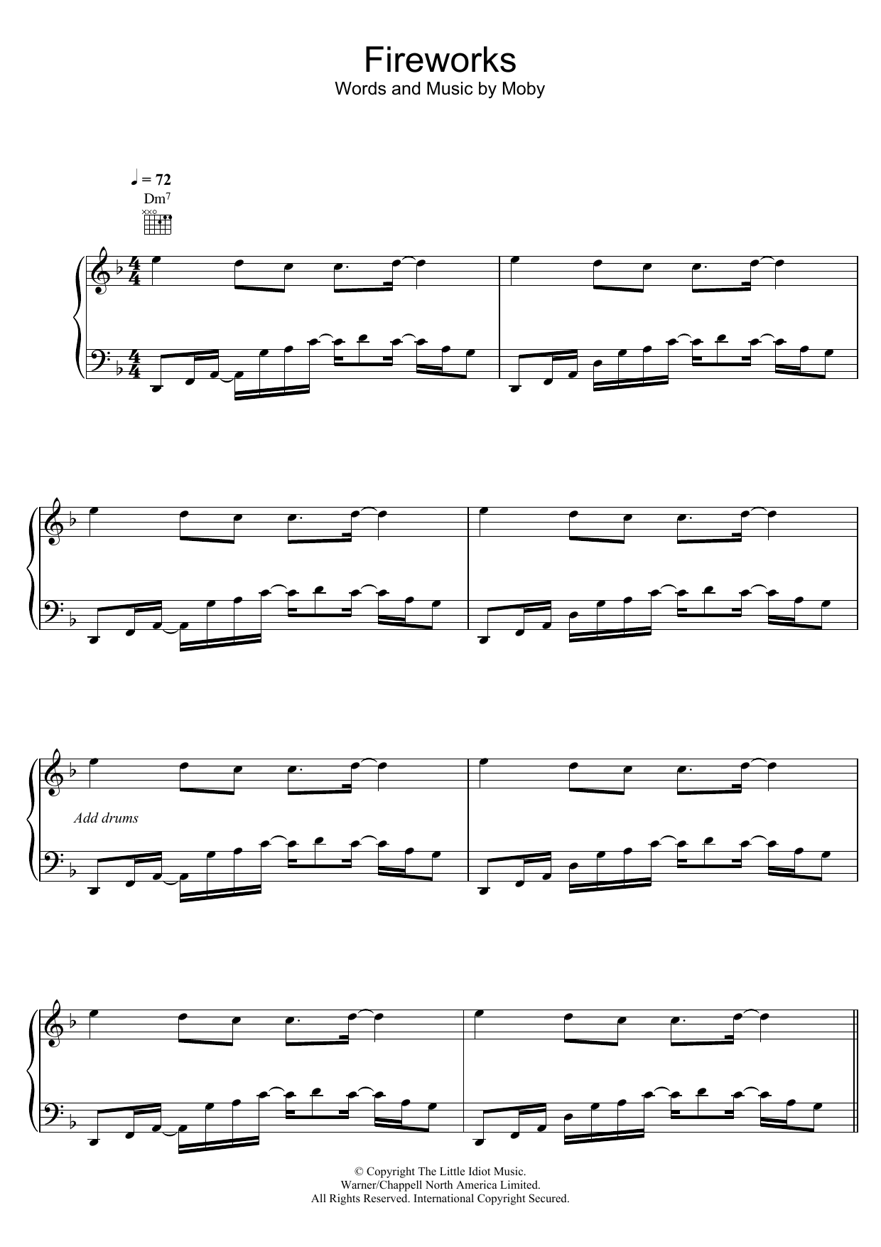 Moby Fireworks sheet music notes and chords arranged for Piano Solo