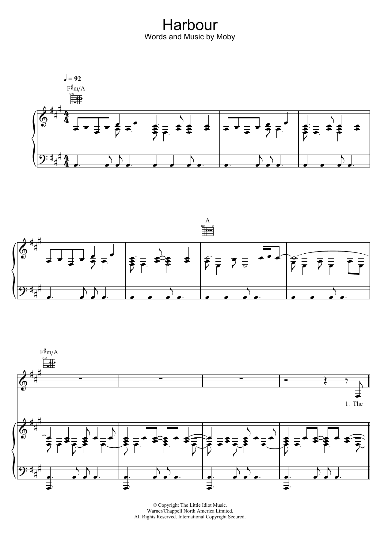 Moby Harbour sheet music notes and chords arranged for Piano, Vocal & Guitar Chords