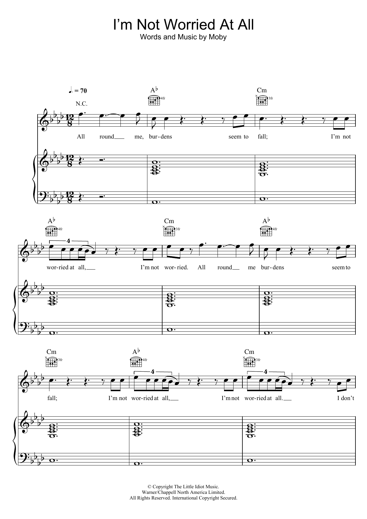 Moby I'm Not Worried At All sheet music notes and chords arranged for Piano, Vocal & Guitar Chords