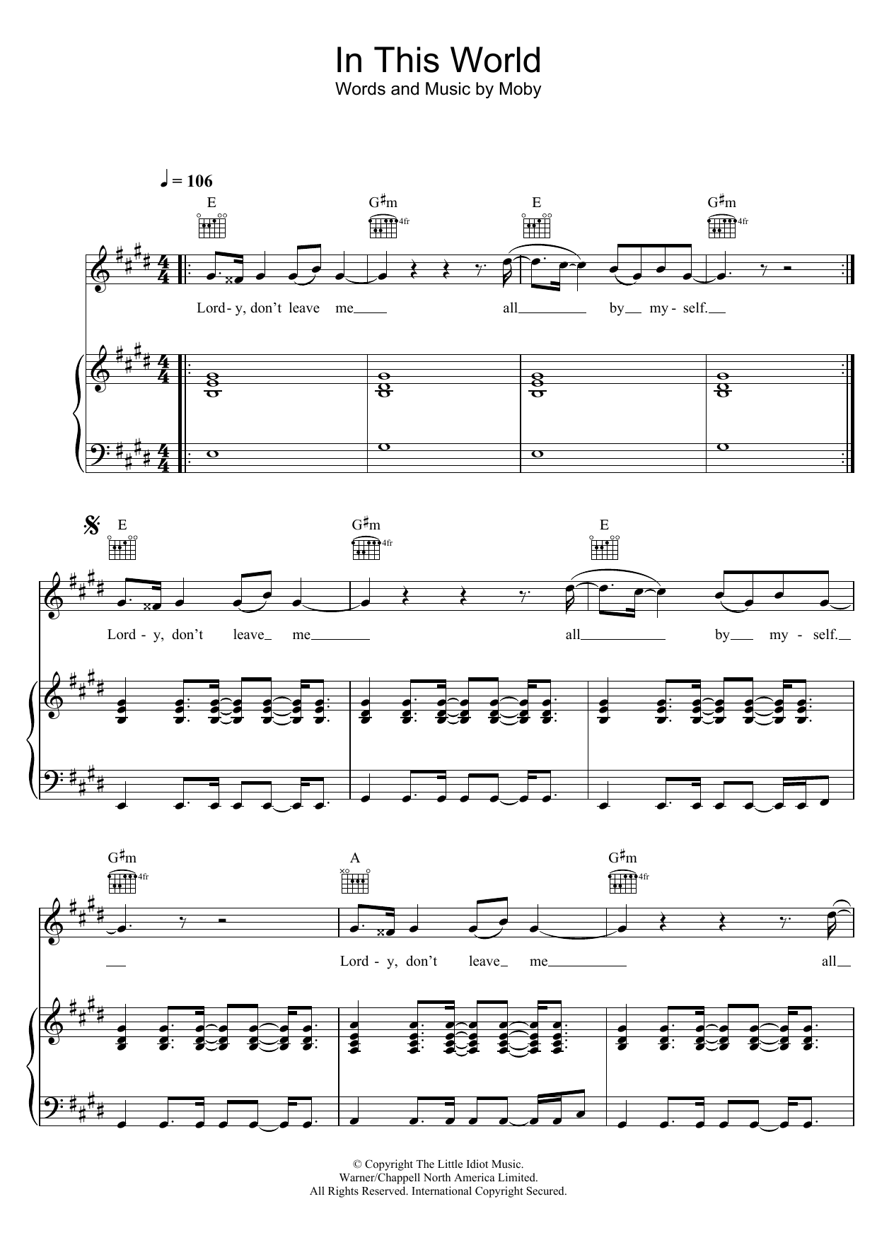 Moby In This World sheet music notes and chords arranged for Piano, Vocal & Guitar Chords