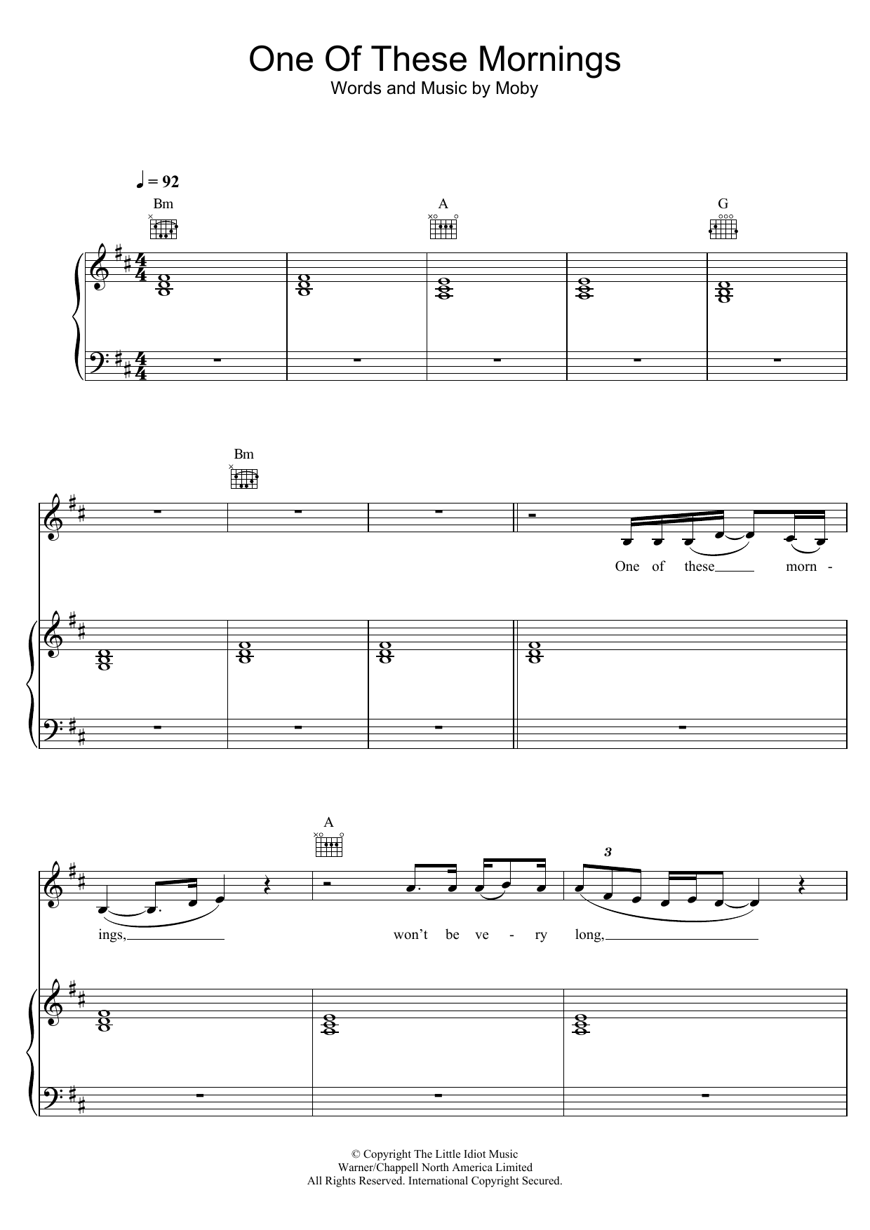 Moby One Of These Mornings sheet music notes and chords arranged for Piano, Vocal & Guitar Chords