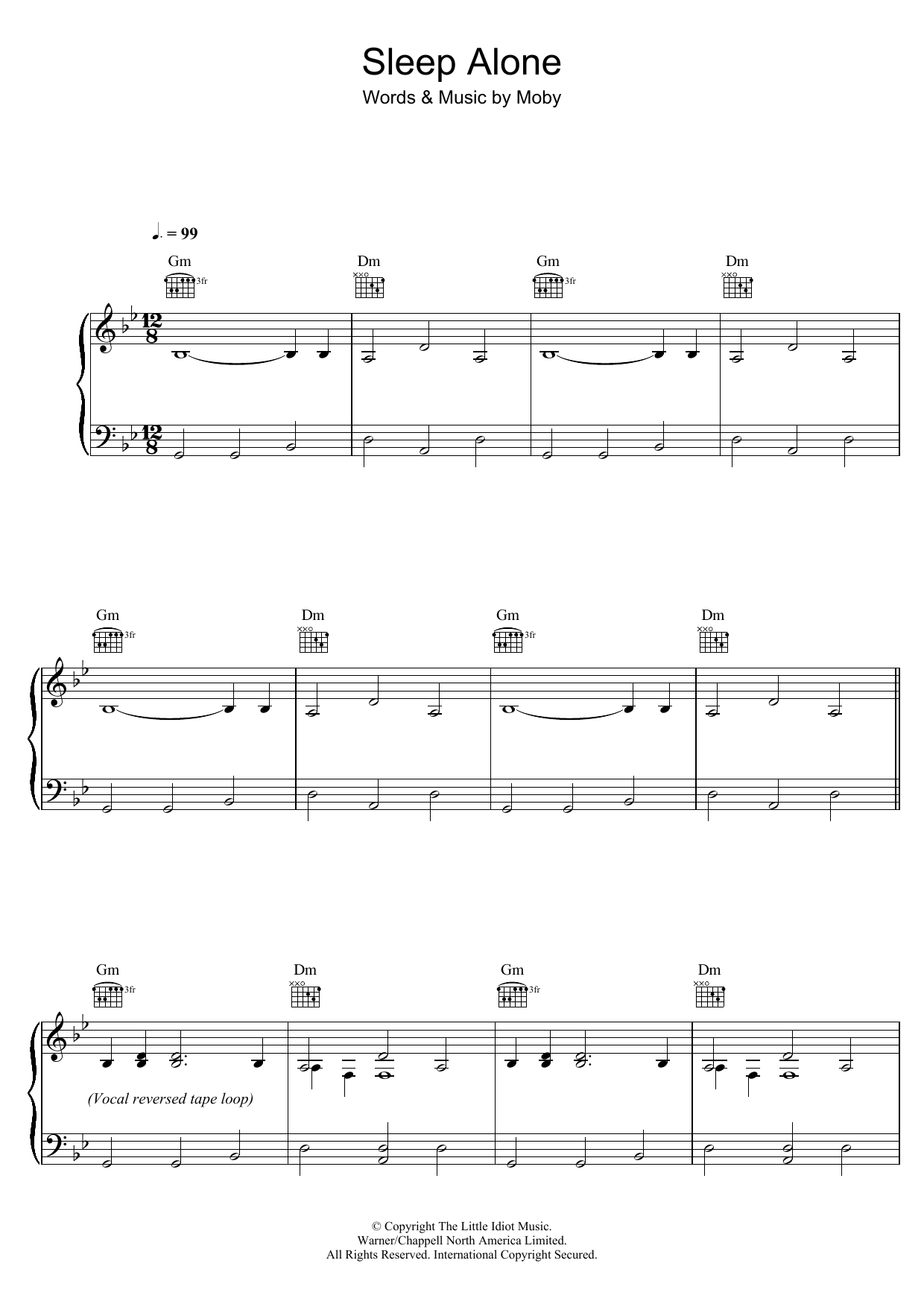 Moby Sleep Alone sheet music notes and chords arranged for Piano, Vocal & Guitar Chords