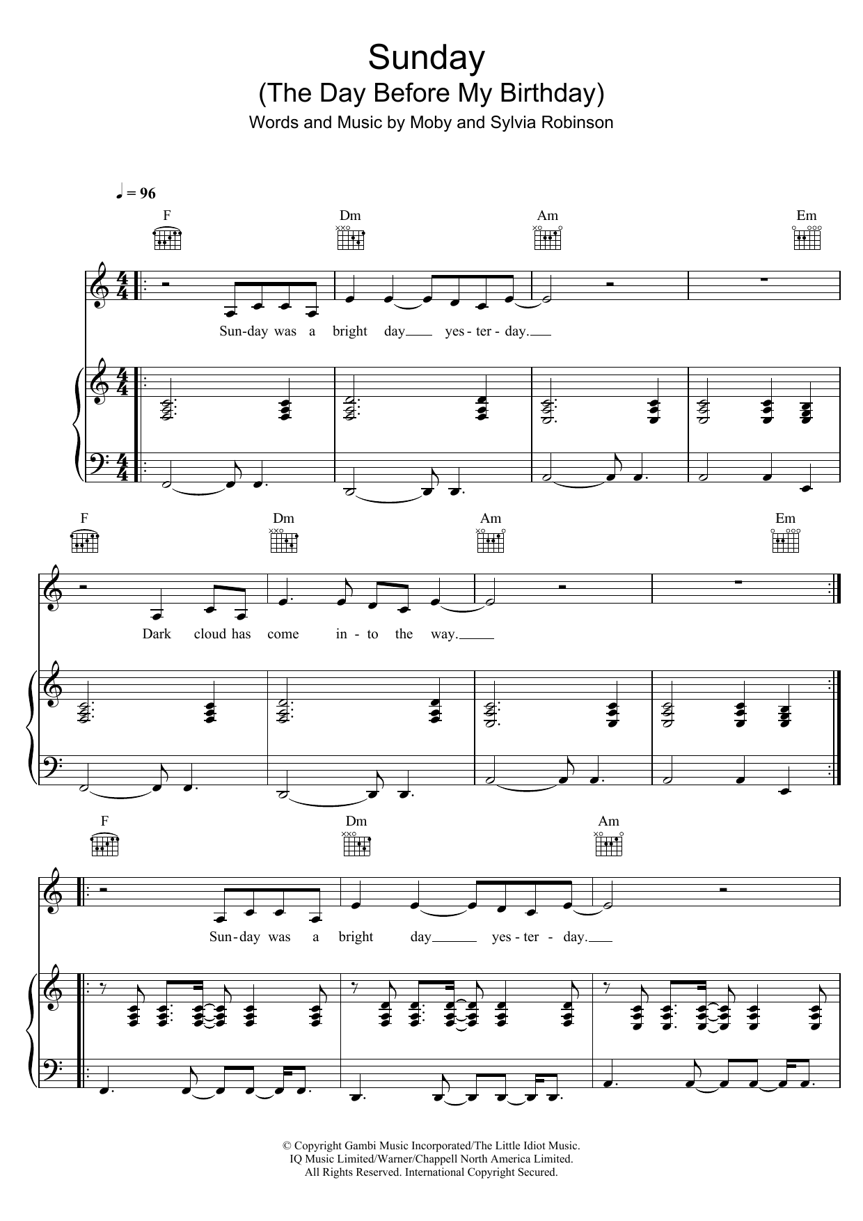 Moby Sunday (The Day Before My Birthday) sheet music notes and chords arranged for Piano, Vocal & Guitar Chords