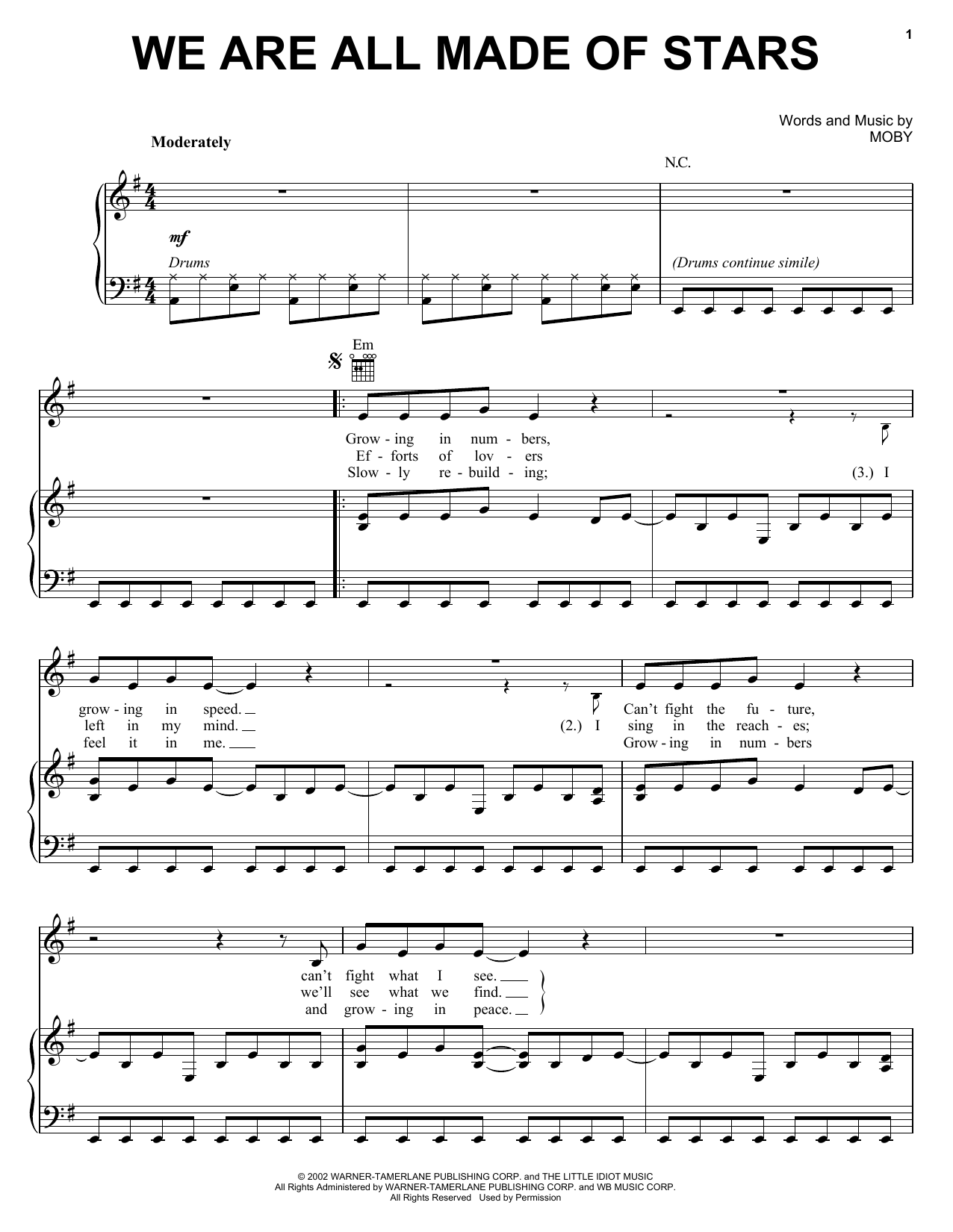 Moby We Are All Made Of Stars sheet music notes and chords arranged for Piano, Vocal & Guitar Chords (Right-Hand Melody)