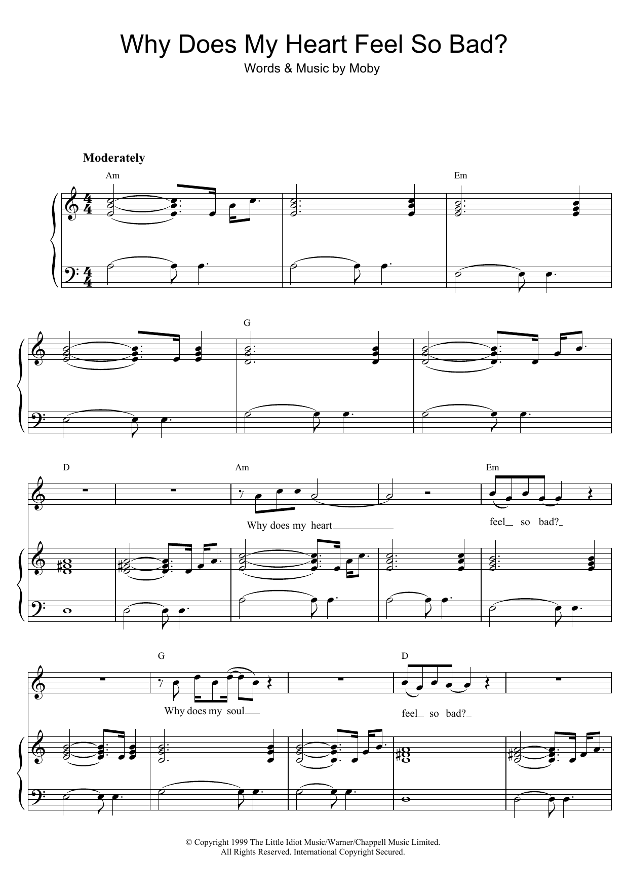 Moby Why Does My Heart Feel So Bad? sheet music notes and chords arranged for Piano, Vocal & Guitar Chords