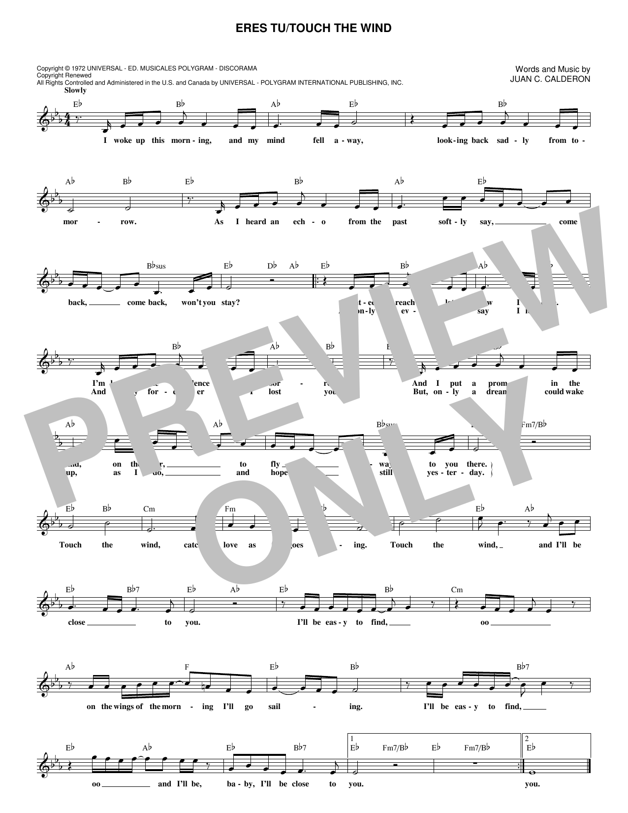 Mocedades Eres Tu/Touch The Wind sheet music notes and chords arranged for Real Book – Melody & Chords