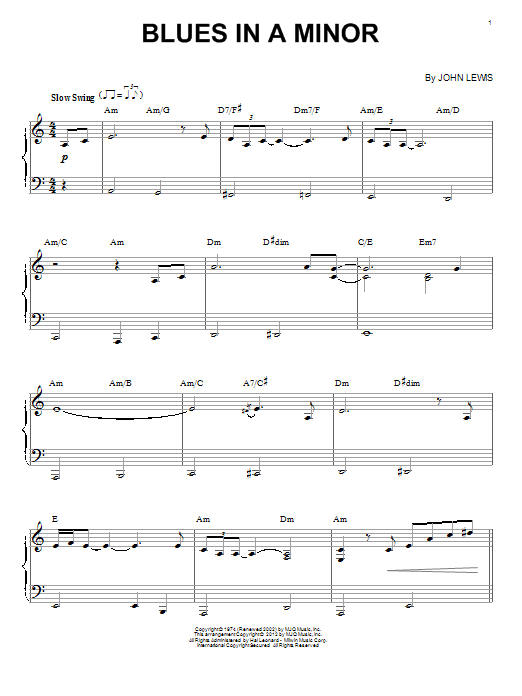 Modern Jazz Quartet Blues In A Minor (arr. Brent Edstrom) sheet music notes and chords arranged for Piano Solo