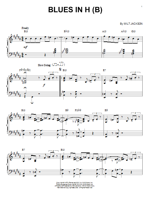 Modern Jazz Quartet Blues In H (B) (arr. Brent Edstrom) sheet music notes and chords arranged for Piano Solo