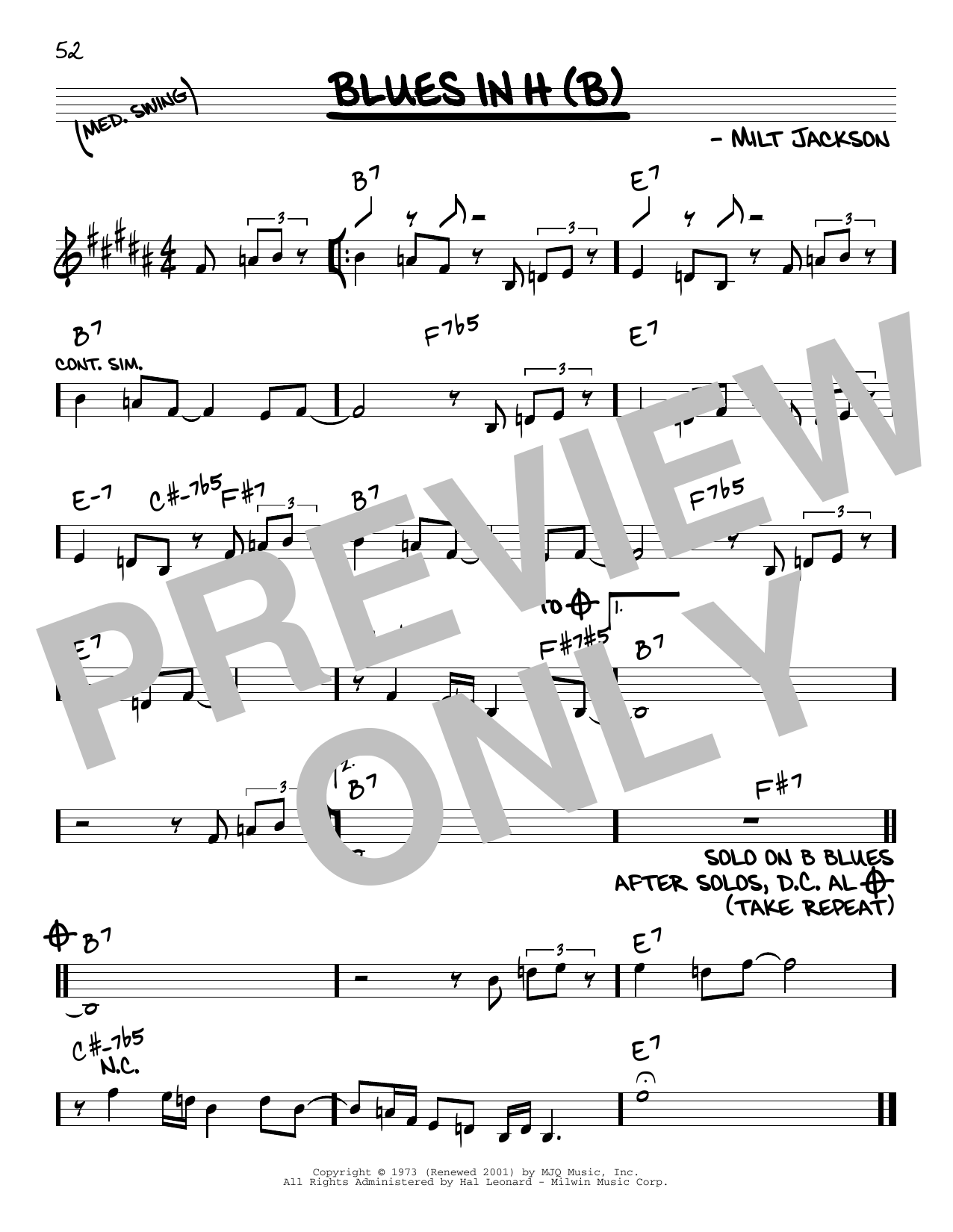 Modern Jazz Quartet Blues In H (B) sheet music notes and chords arranged for Real Book – Melody & Chords