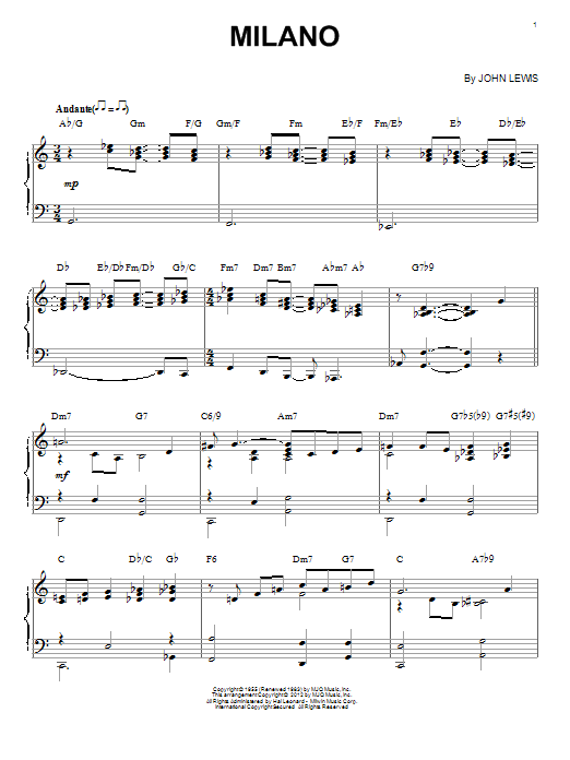 Modern Jazz Quartet Milano (arr. Brent Edstrom) sheet music notes and chords arranged for Piano Solo