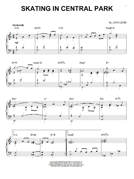 Modern Jazz Quartet Skating In Central Park (arr. Brent Edstrom) sheet music notes and chords arranged for Piano Solo